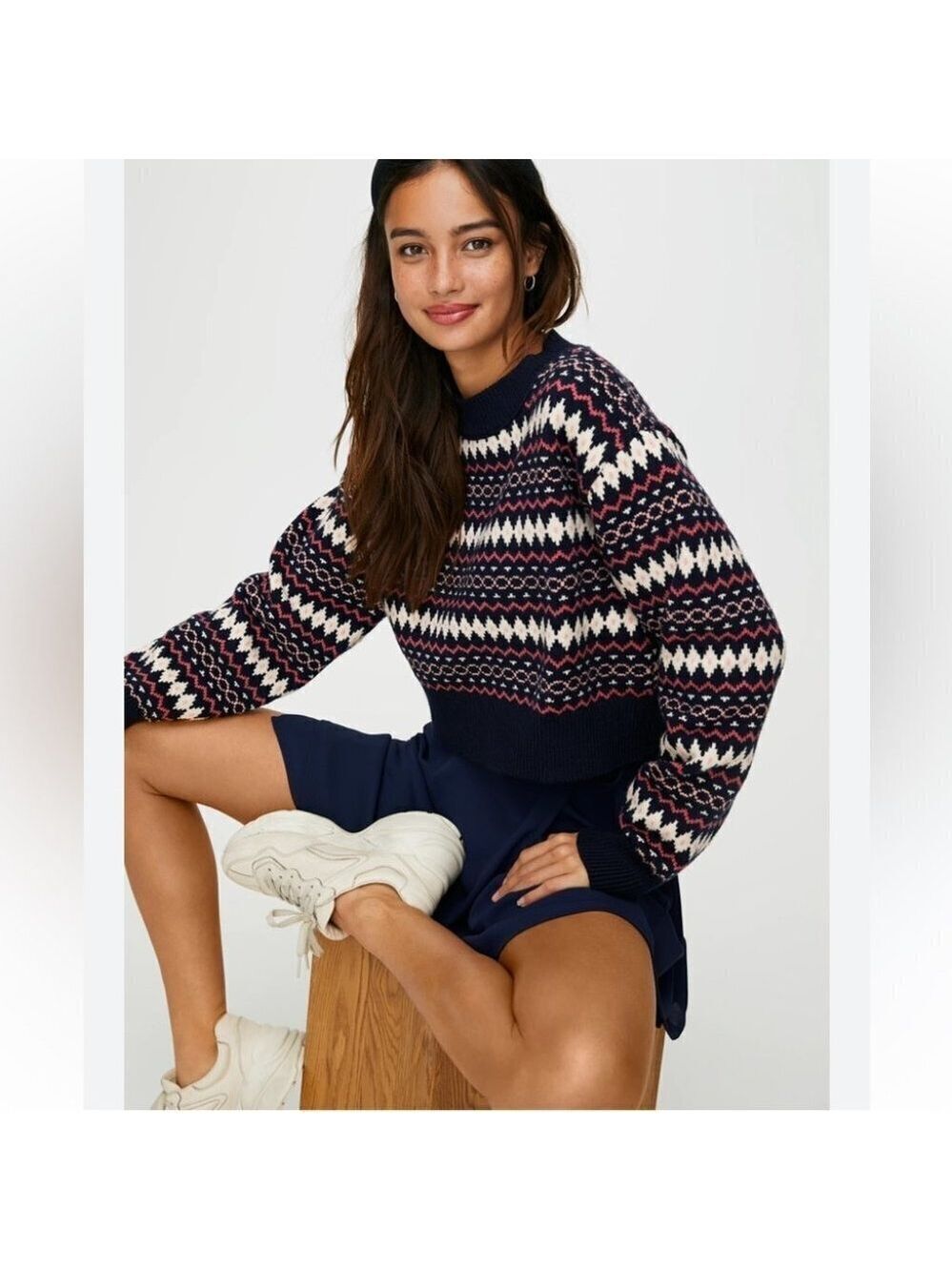** Sunday Best Lamora Navy Fairisle Cropped Mock Neck Sweater Size XXS